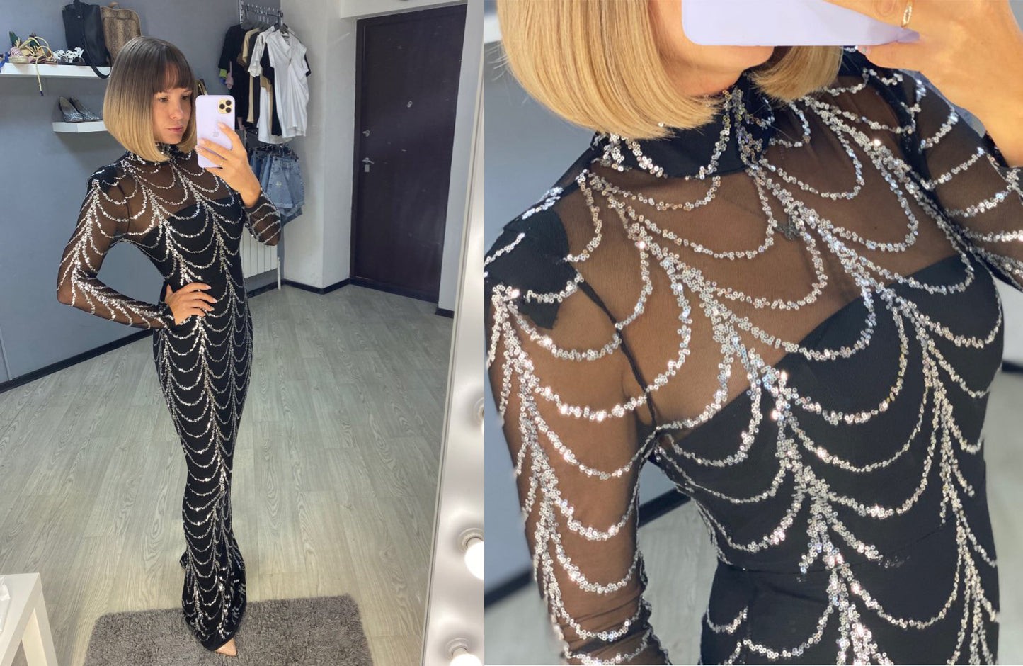 Black Sequin Long Sleeve Maxi Dress – Elegant Sparkling Party Gown for Women