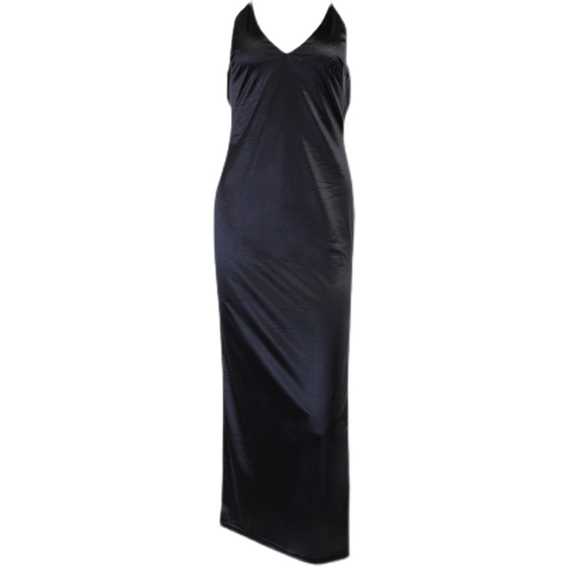 Black Satin Maxi Dress – Off-Shoulder Backless V-Neck Party Gown for Women
