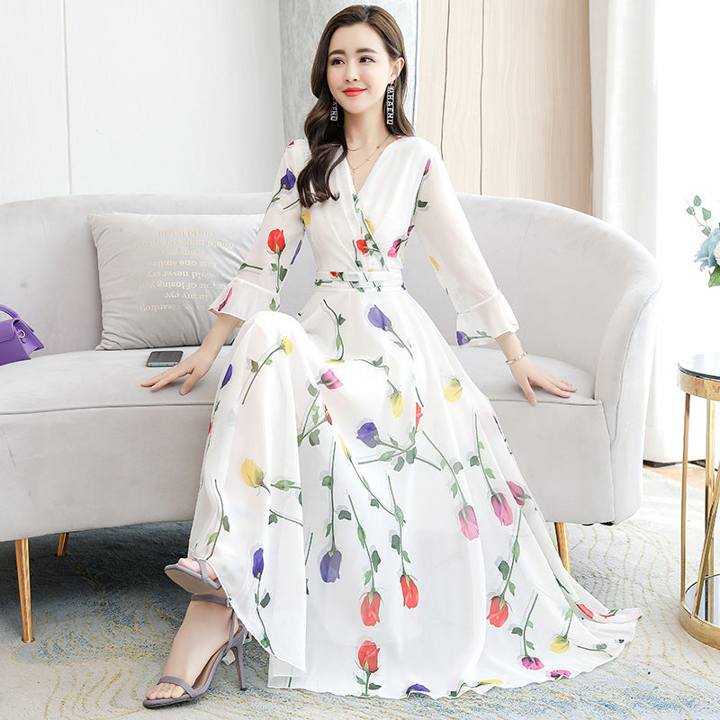 Retro White Print Chiffon Maxi Dress – V-Neck Bodycon Party Dress with Short Sleeves (Plus Size)