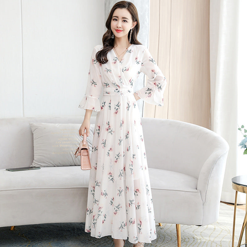 Retro White Print Chiffon Maxi Dress – V-Neck Bodycon Party Dress with Short Sleeves (Plus Size)