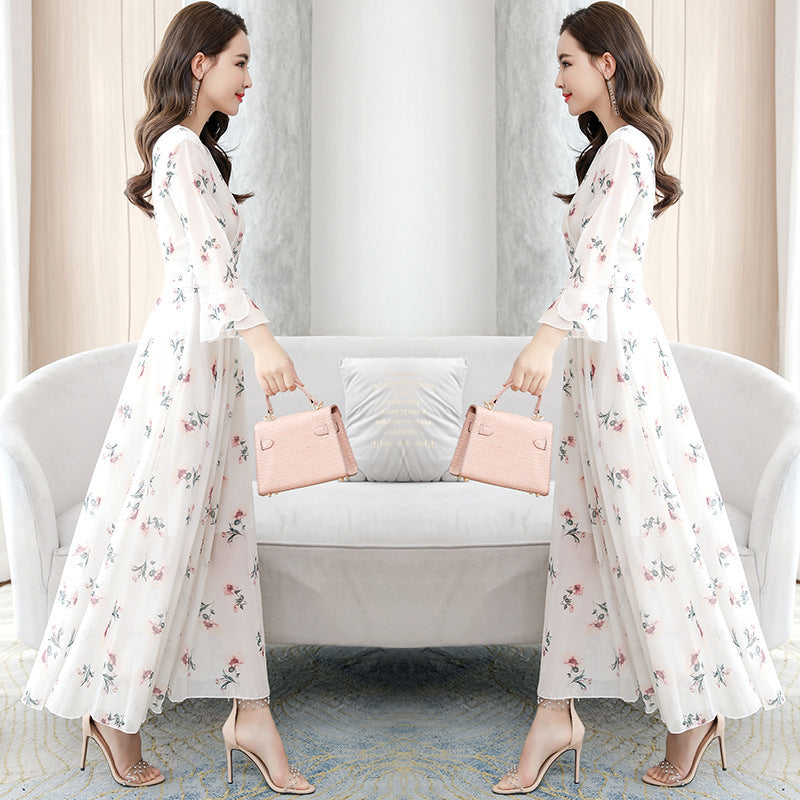 Retro White Print Chiffon Maxi Dress – V-Neck Bodycon Party Dress with Short Sleeves (Plus Size)