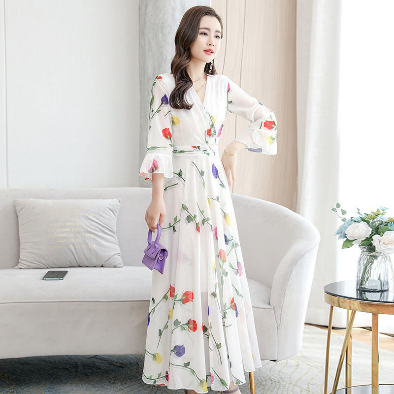 Retro White Print Chiffon Maxi Dress – V-Neck Bodycon Party Dress with Short Sleeves (Plus Size)