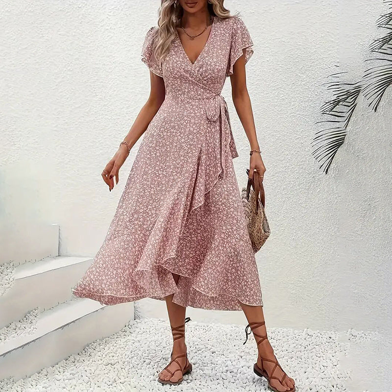Boho Floral Wrap Maxi Dress – Summer A-Line V-Neck Dress with Ruffle Sleeves