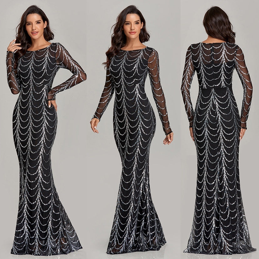 Black Sequin Long Sleeve Maxi Dress – Elegant Sparkling Party Gown for Women