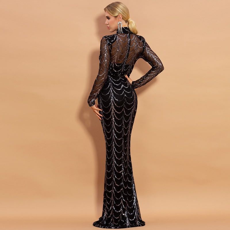Black Sequin Long Sleeve Maxi Dress – Elegant Sparkling Party Gown for Women