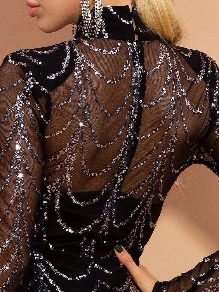 Black Sequin Long Sleeve Maxi Dress – Elegant Sparkling Party Gown for Women