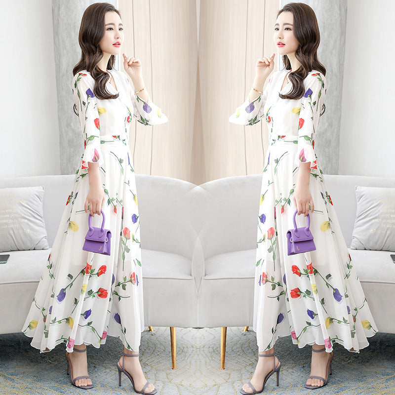 Retro White Print Chiffon Maxi Dress – V-Neck Bodycon Party Dress with Short Sleeves (Plus Size)