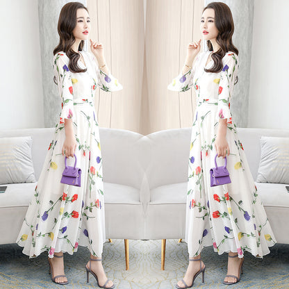 Retro White Print Chiffon Maxi Dress – V-Neck Bodycon Party Dress with Short Sleeves (Plus Size)