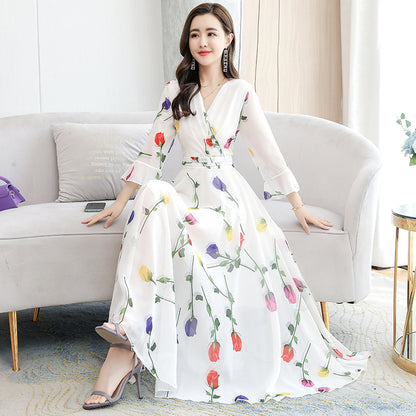 Retro White Print Chiffon Maxi Dress – V-Neck Bodycon Party Dress with Short Sleeves (Plus Size)