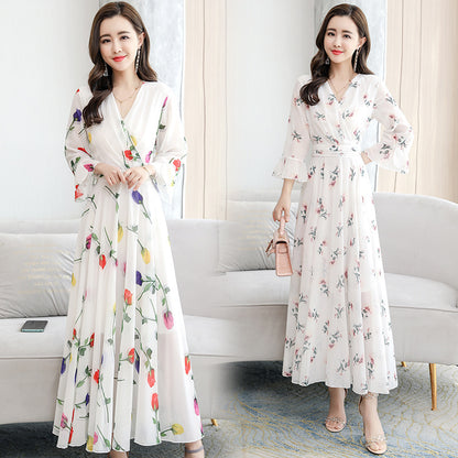 Retro White Print Chiffon Maxi Dress – V-Neck Bodycon Party Dress with Short Sleeves (Plus Size)