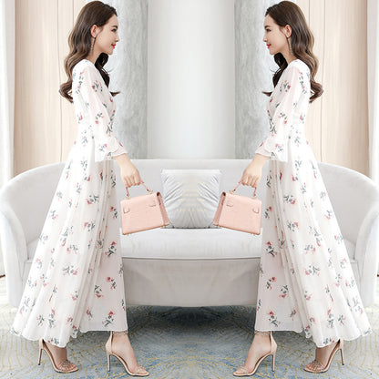 Retro White Print Chiffon Maxi Dress – V-Neck Bodycon Party Dress with Short Sleeves (Plus Size)