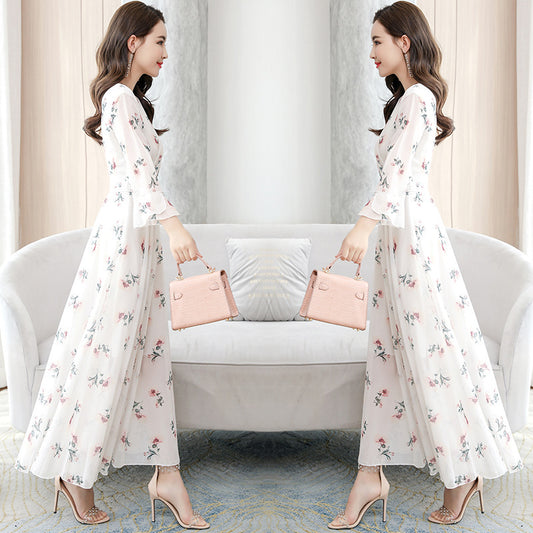 Retro White Print Chiffon Maxi Dress – V-Neck Bodycon Party Dress with Short Sleeves (Plus Size)