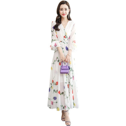 Retro White Print Chiffon Maxi Dress – V-Neck Bodycon Party Dress with Short Sleeves (Plus Size)