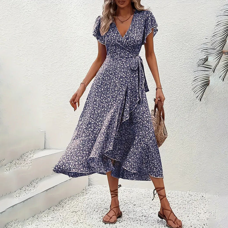 Boho Floral Wrap Maxi Dress – Summer A-Line V-Neck Dress with Ruffle Sleeves