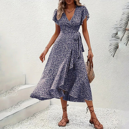 Boho Floral Wrap Maxi Dress – Summer A-Line V-Neck Dress with Ruffle Sleeves