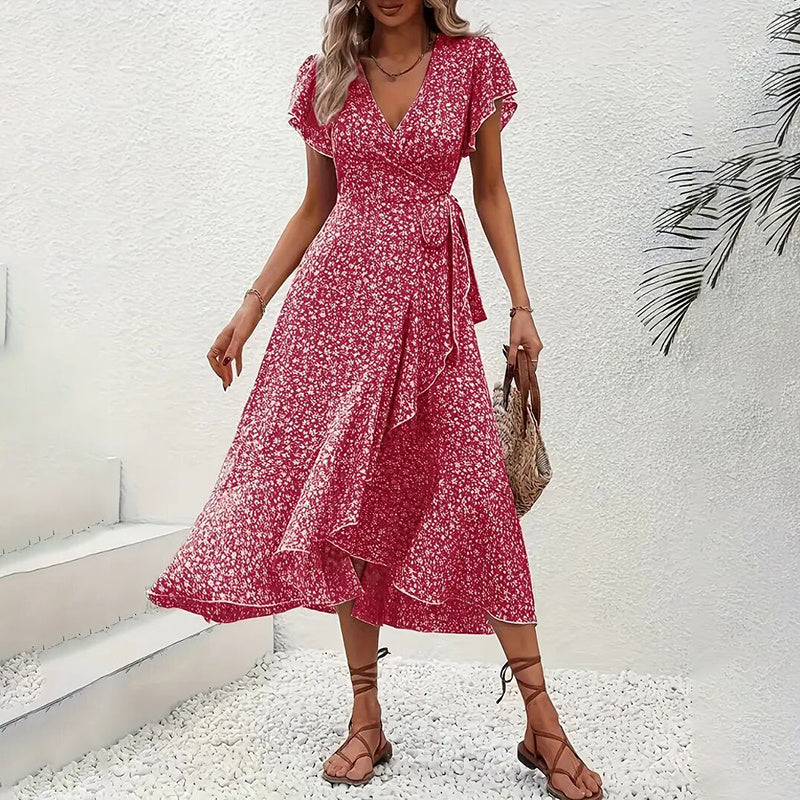 Boho Floral Wrap Maxi Dress – Summer A-Line V-Neck Dress with Ruffle Sleeves