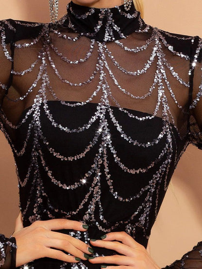 Black Sequin Long Sleeve Maxi Dress – Elegant Sparkling Party Gown for Women