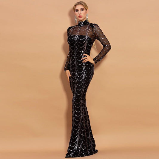 Black Sequin Long Sleeve Maxi Dress – Elegant Sparkling Party Gown for Women