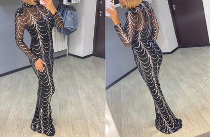 Black Sequin Long Sleeve Maxi Dress – Elegant Sparkling Party Gown for Women