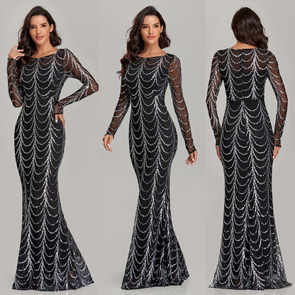 Black Sequin Long Sleeve Maxi Dress – Elegant Sparkling Party Gown for Women