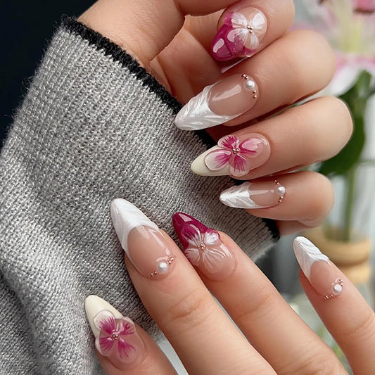 Flower Press on Nails Medium Almond White French False Nails Pearl Rhinestones Design Coffin Nails Full Cover Artificial Stick on Nails Reusable Acrylic Nails DIY Glue on Nails for Women Manicure Kit