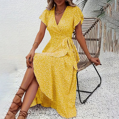 Boho Floral Wrap Maxi Dress – Summer A-Line V-Neck Dress with Ruffle Sleeves